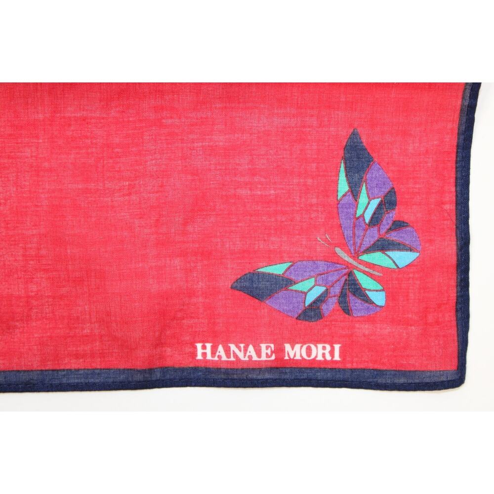 Vintage HANAE MORI Scarf Red Butterflies Cotton 16" Square